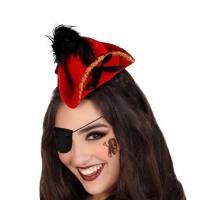 Diadema de sombrero mini de pirata rojo con pluma negra