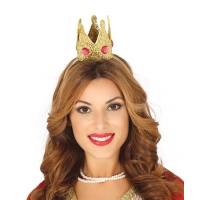 Diadema de corona dorada y joyas rosas