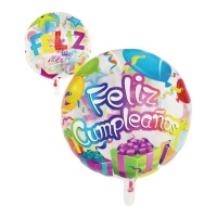 Globo redondo Feliz Cumpleaños transparente decorado de 45 cm - 1 unidad