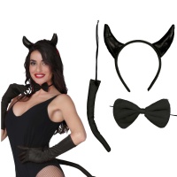 Conjunto de diablesa pícara negro con diadema, pajarita y cola