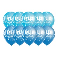 Globos de látex de Feliz Cumpleaños azules con estrellas de 30 cm - 10 unidades
