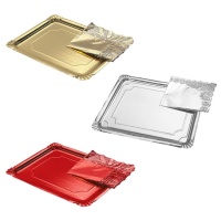 Bandeja de 28 x 22 cm rectangulares de cartón colores metalizados con blonda - 1 unidad