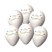 Globos de látex blancos con frase de Feliz Cumpleaños en dorado de 23 cm - 6 unidades