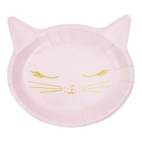 Platos de Gatos rosas con bigotes dorados de 20 x 22 cm - 6 unidades