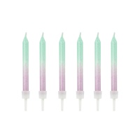 Velas con purpurina aguamarina y morado de 6 cm - 20 unidades