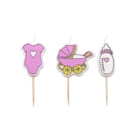 Velas de carrito baby shower rosa - 3 unidades