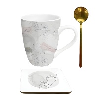 Taza de 300 ml Line Art con cuchara y posavasos