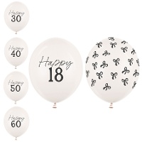 Globos de látex de Número lazo negro Happy Birthday de 30 cm - 6 unidades