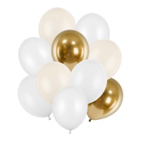 Globos de látex de 27 a 30 cm blanco y dorado - 10 unidades