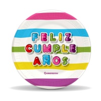 Platos Feliz Cumpleaños franjas de colores de 18 cm - 8 unidades