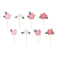 Picks para cupcakes de flores primaverales - 8 unidades