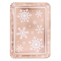 Bandeja de 34 x 25 cm de cartón rectangular rosa dorado metalizado con copos de nieve - 1 unidad