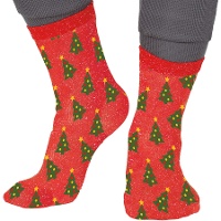 Calcetines de árbol de Navidad rojos con glitter - 1 par