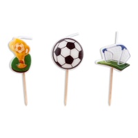 Velas de fútbol con copa, balón y portería - 3 unidades