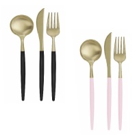 Cubiertos de plástico de colores con dorado metálico - 12 unidades