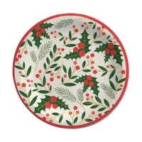 Platos de 18 cm de Navidad con flores de acebo - 8 unidades