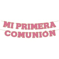 Guirnalda Mi Primera Comunión rosa con estrellas de 3,00 m