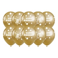 Globos de látex de Happy Birthday dorados con cerveza de 30 cm - 10 unidades