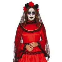 Diadema de velo de flores rojas y negras de Catrina