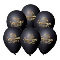 Globos de látex negros con frase de Feliz Cumpleaños en dorado de 23 cm - 6 unidades