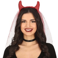 Diadema de cuernos de demonio acolchados y velo