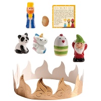 Kit para roscón de reyes: corona, haba, rey, tarjeta y 4 figuras