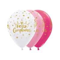 Globos de látex satinado blanco, rosa y fucsia de Feliz Cumpleaños dorado con corona de 30 cm - Sempertex - 12 unidades