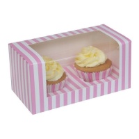 Caja para 2 cupcakes a rayas rosa y blanca - 2 unidades