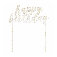 Topper de Happy Birthday transparente con motas doradas de 15 x 18 cm