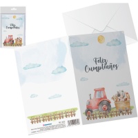 Tarjeta de cumpleaños granja acuarela infantil