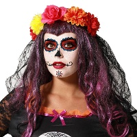 Diadema de flores multicolor y velo de Catrina