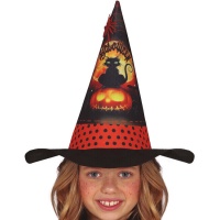 Sombrero con gato y calabaza naranja para niña