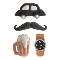 Figuras de azúcar Vintage de coche, bigote, cerveza y reloj - 24 unidades