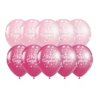 Globos de látex de Feliz Cumpleaños rosas con corona de 30 cm - 10 unidades