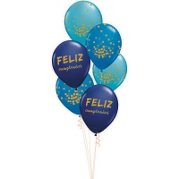 Globos de látex de Feliz Cumpleaños azules y dorado - 6 unidades