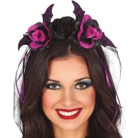 Diadema de rosas y murciélagos lila y negra