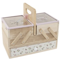 Costurero de madera con estantes y cajón flores