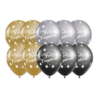 Globos de látex de Feliz Cumpleaños plata, dorado y negro de 30 cm - 10 unidades