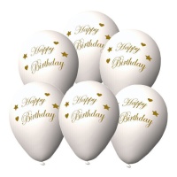 Globos de látex blancos con frase de Happy Birthday en dorado de 23 cm - 6 unidades
