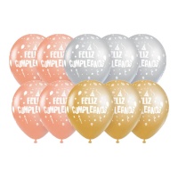 Globos de látex de Feliz Cumpleaños dorado, plata y coral de 30 cm - 10 unidades