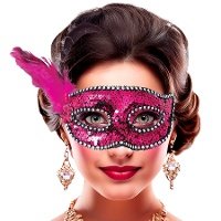 Antifaz decorado con pluma y lentejuelas fucsia