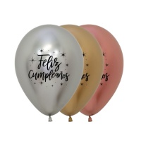 Globos de látex metalizados de Feliz Cumpleaños con estrellas de 30 cm - Sempertex - 12 unidades