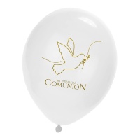 Globos de látex de Mi Primera Comunión con paloma dorada de 23 cm - 6 unidades