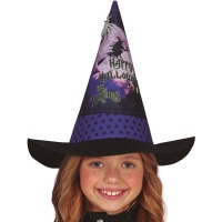 Sombrero con silueta de bruja lila para niña
