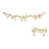 Guirnalda de Happy Birthday floral dorado de 1,30 m