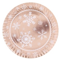 Bandeja de 30 cm de cartón redonda rosa dorado metalizado con copos de nieve - 1 unidad