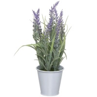 Planta artificial de lavanda y hojas con macetero blanco de 8 x 25 cm