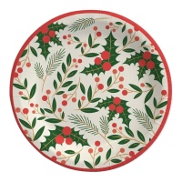 Platos de 23 cm de Navidad con flores de acebo - 6 unidades