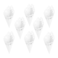 Conos de papel blancos con puntilla - 10 unidades
