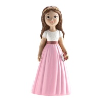 Figura para tarta de Mi Primera Comunión niña con falda rosa de 16 cm
